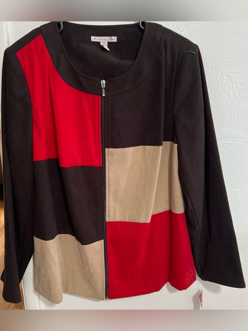 NWT JM Collection Black, Red & Tan Colorblock Zip Jacket Size 16W